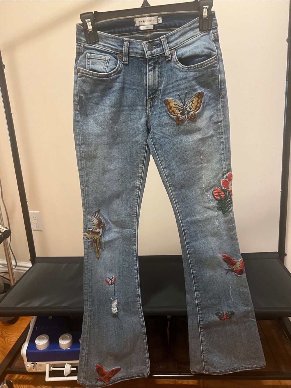 Vintage Blue Denim Flare Jeans with Embroidered Butterflies & Flowers